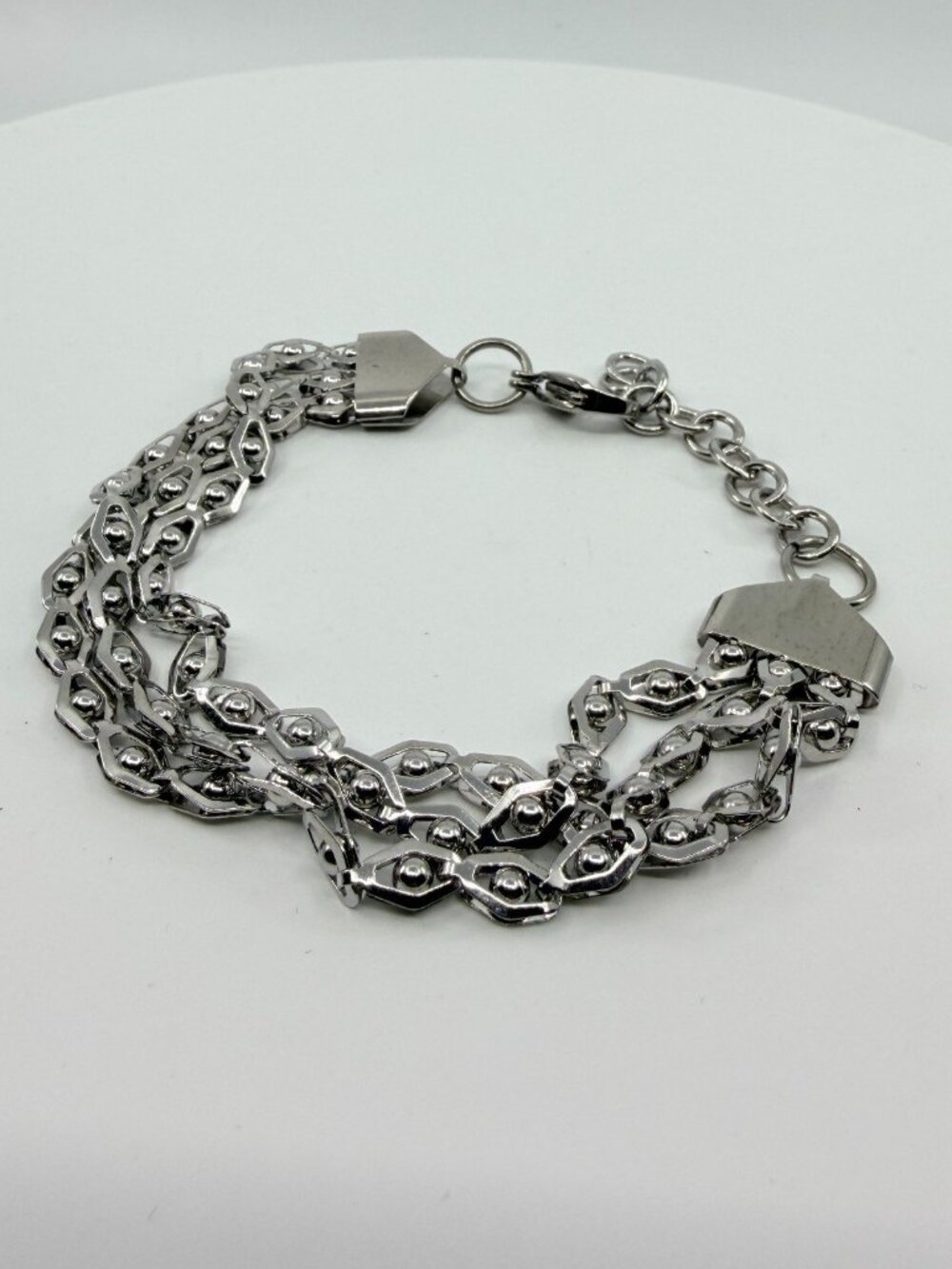 Silver Tone Geometric Multi-Row Chain Bracelet - Boho Statement Jewelry - Picture 4 of 11